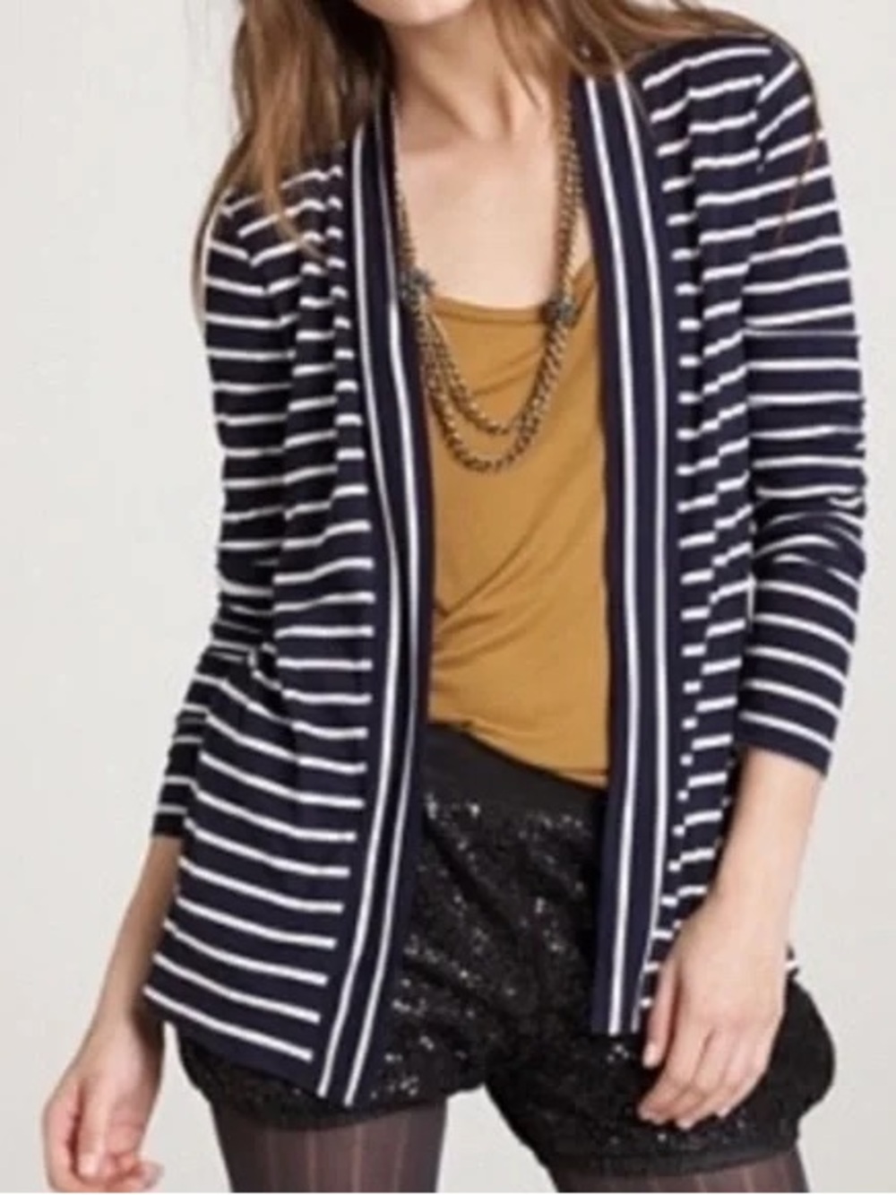 J Crew Navy and White Striped Cardigan Sweater Size Large